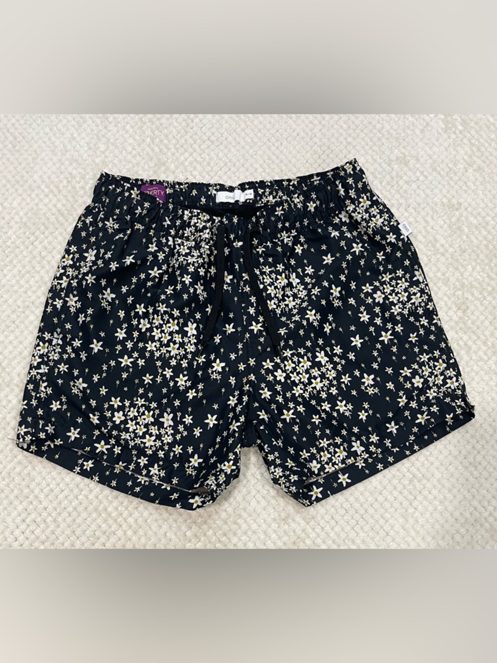 Onia The Charles Floral Swim Shorts - Black & White with Yellow - Size Medium